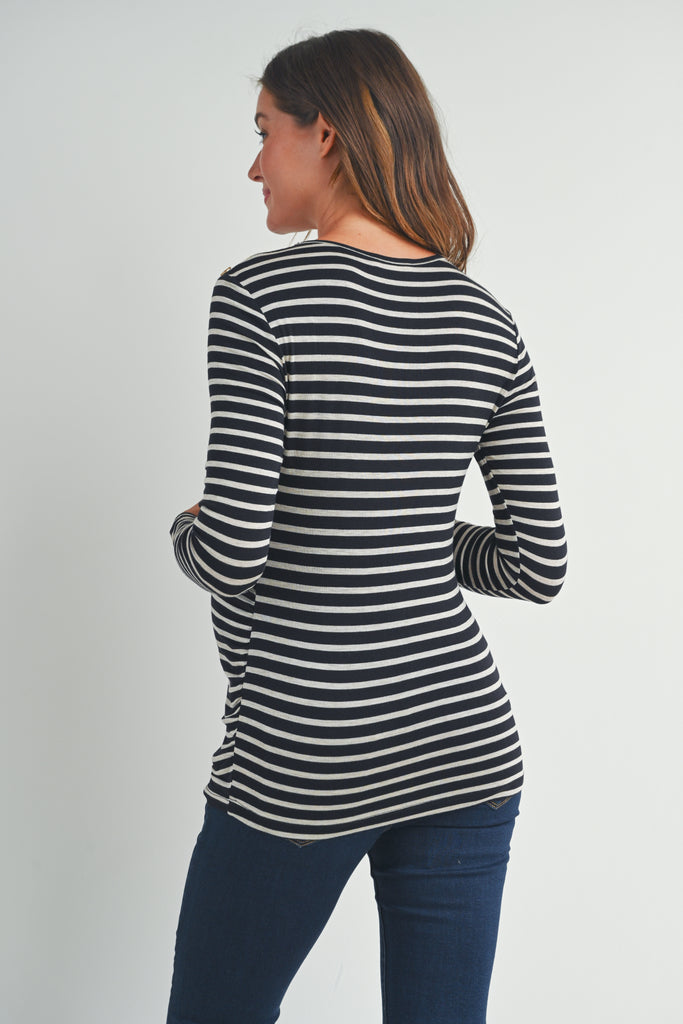 Black Stripe Round Neck Maternity Top with Button Back