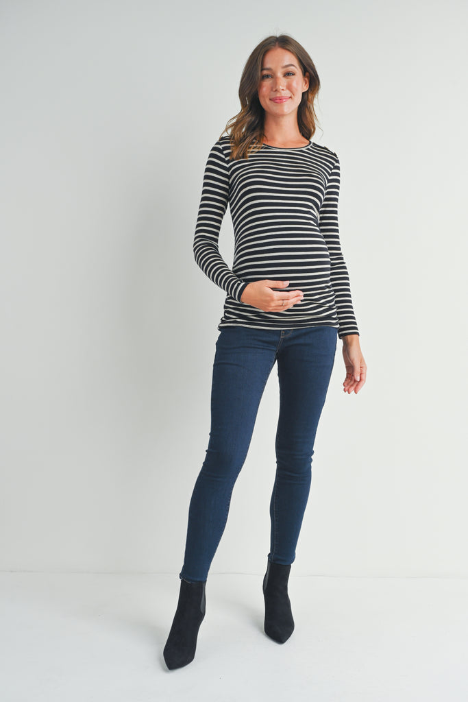Black Stripe Round Neck Maternity Top with Button Full Body