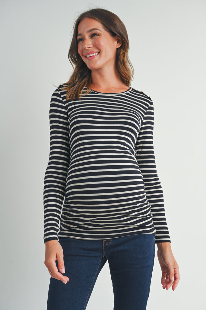 Black Stripe Round Neck Maternity Top with Button Front