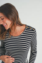 Black Stripe Round Neck Maternity Top with Button Detail