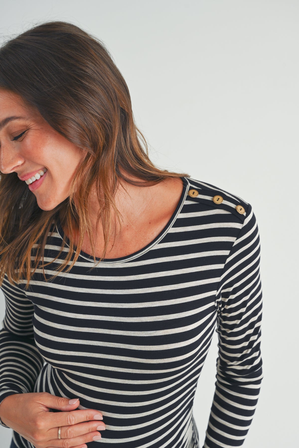 Black Stripe Round Neck Maternity Top with Button Detail