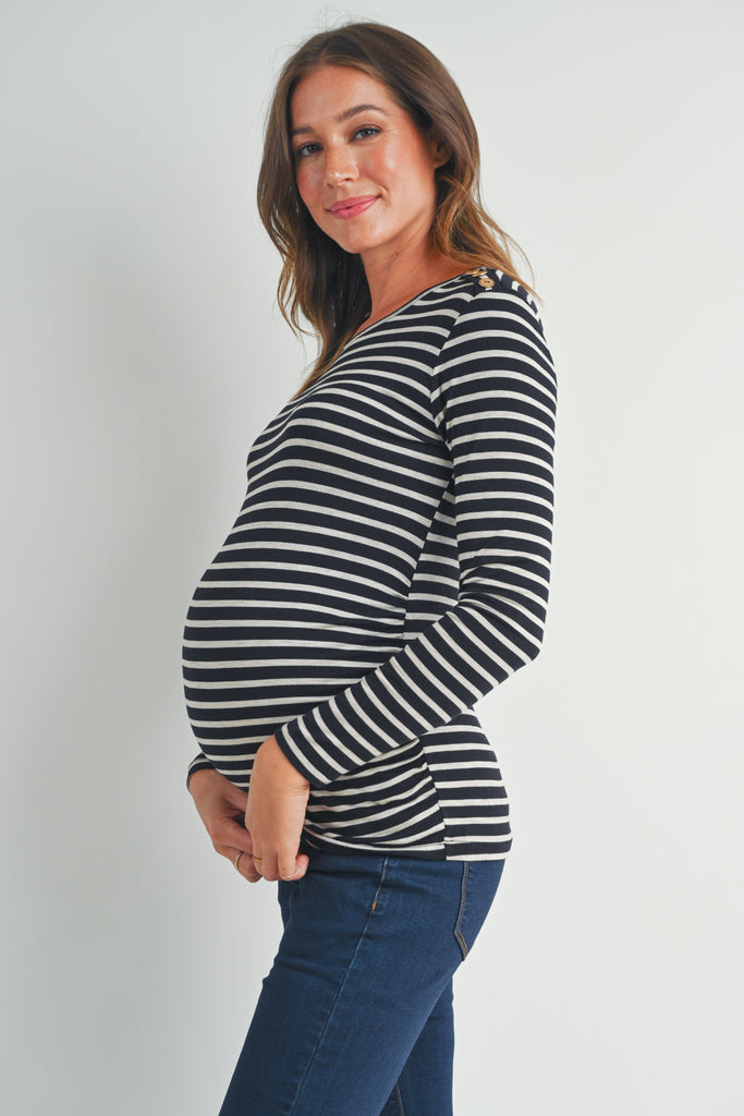 Black Stripe Round Neck Maternity Top with Button Side