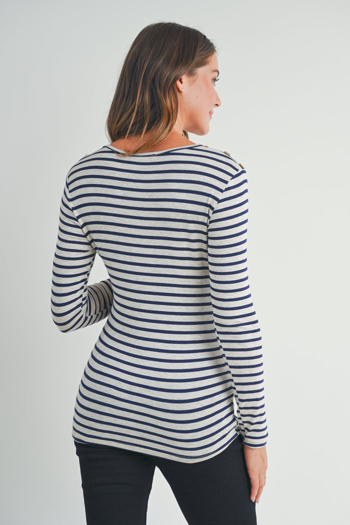 Oatmeal Stripe Round Neck Maternity Top with Button Back
