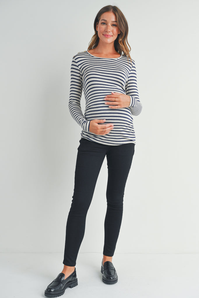 Oatmeal Stripe Round Neck Maternity Top with Button Full Body