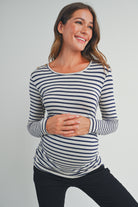 Oatmeal Stripe Round Neck Maternity Top with Button Front