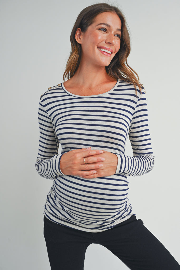 Oatmeal Stripe Round Neck Maternity Top with Button Front