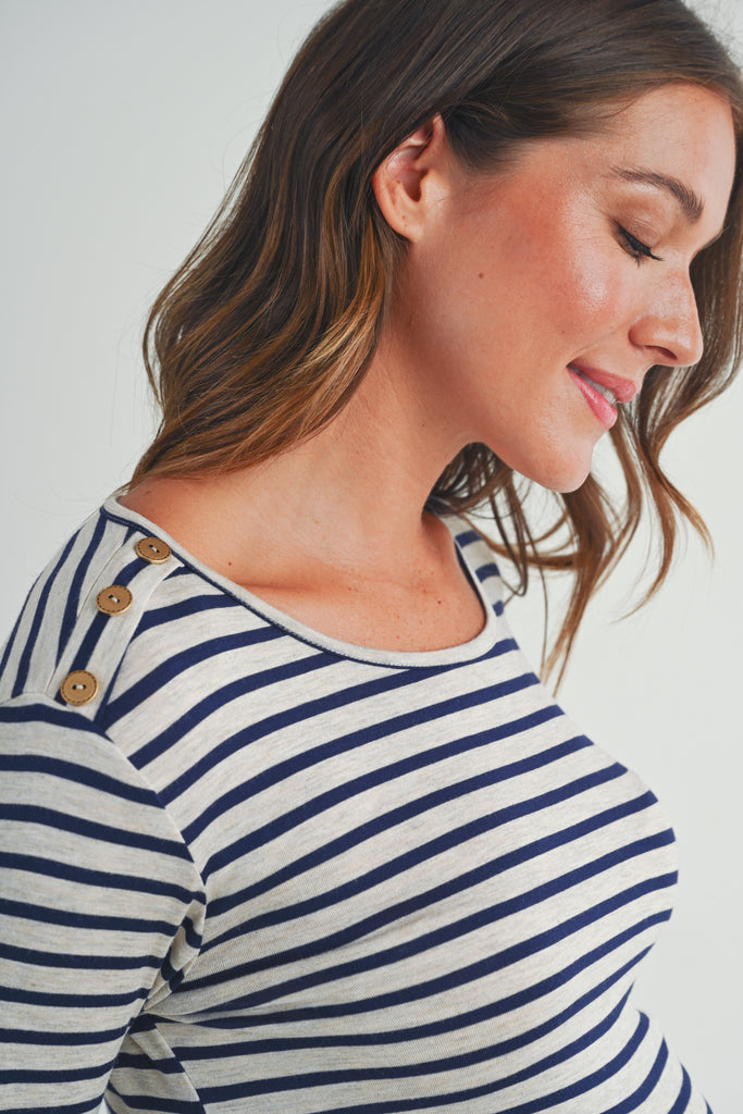 Oatmeal Stripe Round Neck Maternity Top with Button Detail