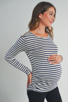 Oatmeal Stripe Round Neck Maternity Top with Button Side