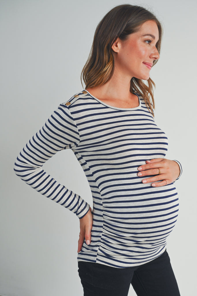 Oatmeal Stripe Round Neck Maternity Top with Button Side