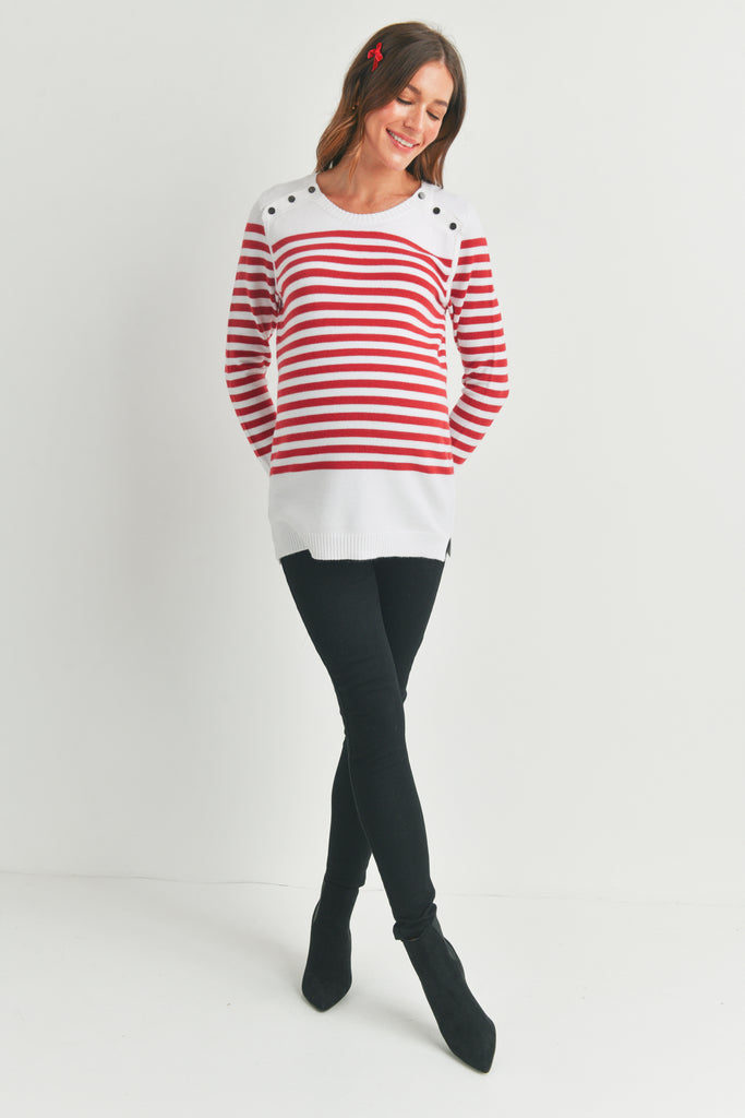 Red Stripe Maternity Nursing Sweater Top with Button Detail Full Body