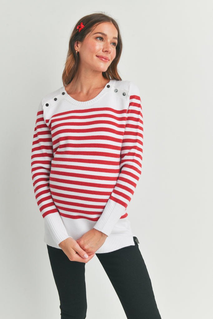 Red Stripe Maternity Nursing Sweater Top with Button Detail Front