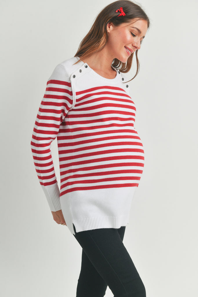 Red Stripe Maternity Nursing Sweater Top with Button Detail Side