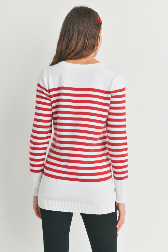 Red Stripe Maternity Nursing Sweater Top with Button Detail Back