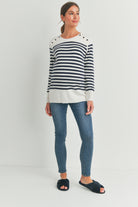 Navy Stripe Maternity Nursing Sweater Top with Button Detail Full Body