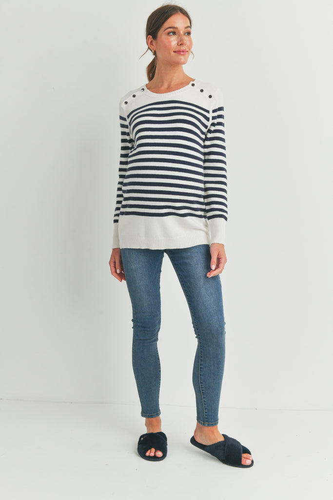 Navy Stripe Maternity Nursing Sweater Top with Button Detail Full Body