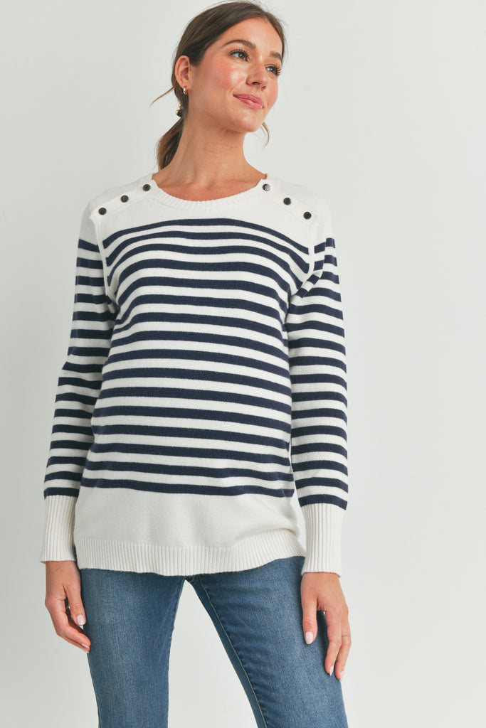 Navy Stripe Maternity Nursing Sweater Top with Button Detail Front