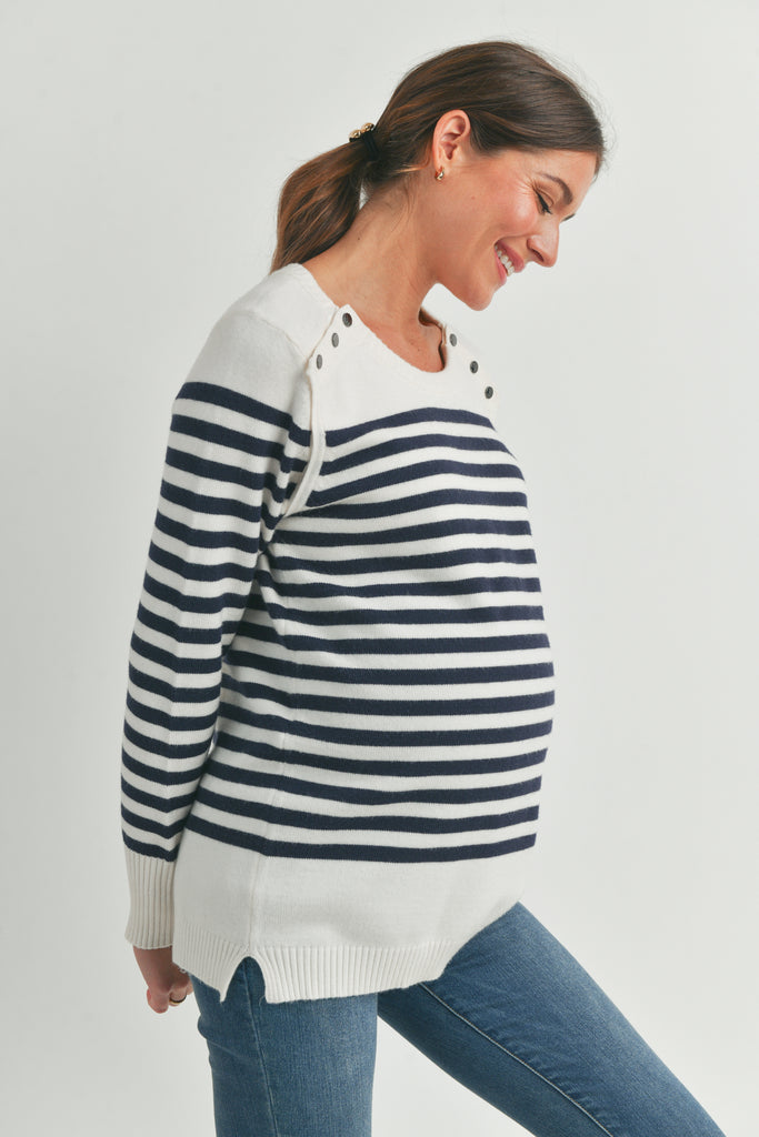 Navy Stripe Maternity Nursing Sweater Top with Button Detail Side
