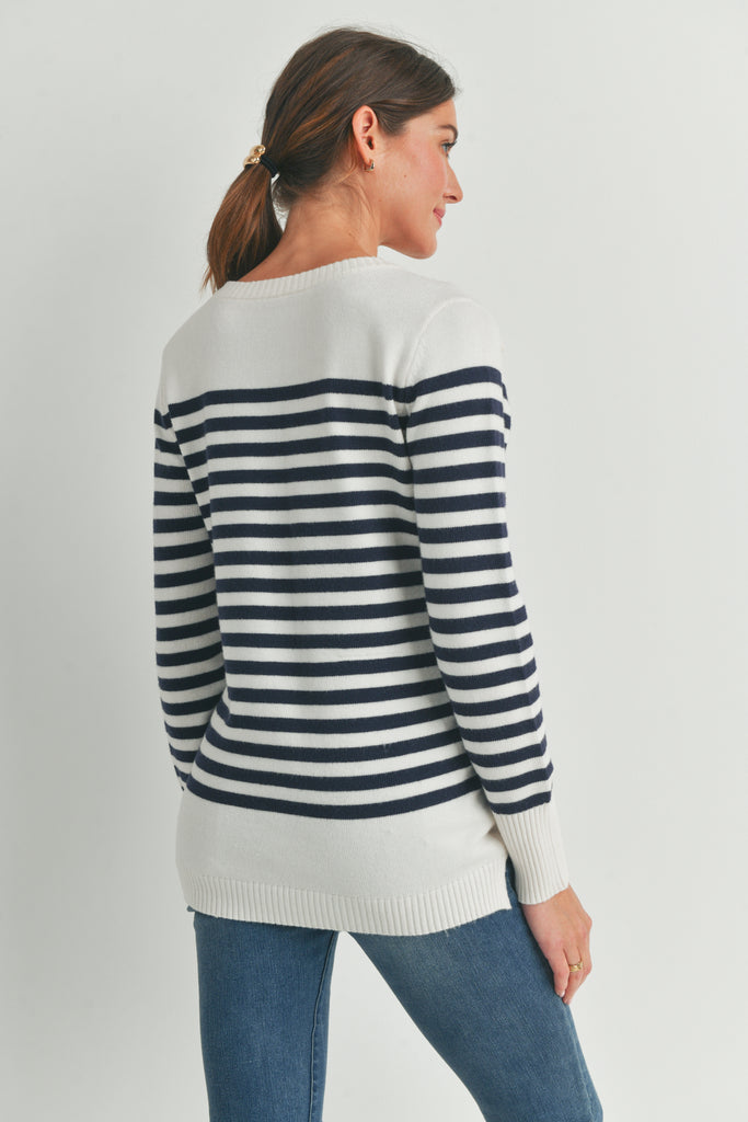 Navy Stripe Maternity Nursing Sweater Top with Button Detail Back