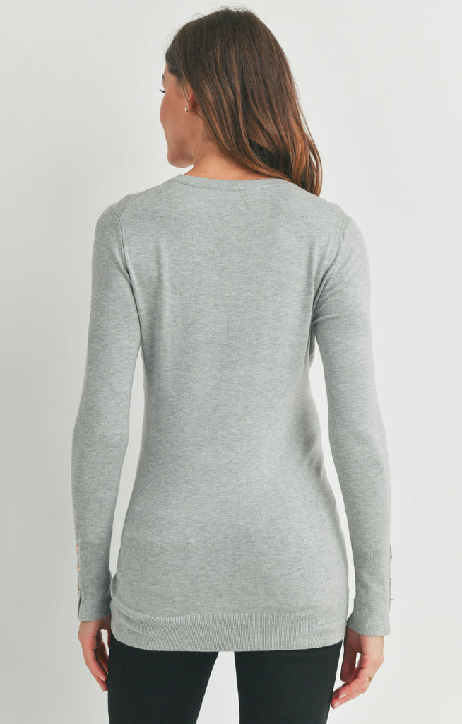 Heather Grey Solid Maternity Sweater Top with Sleeve Button Back