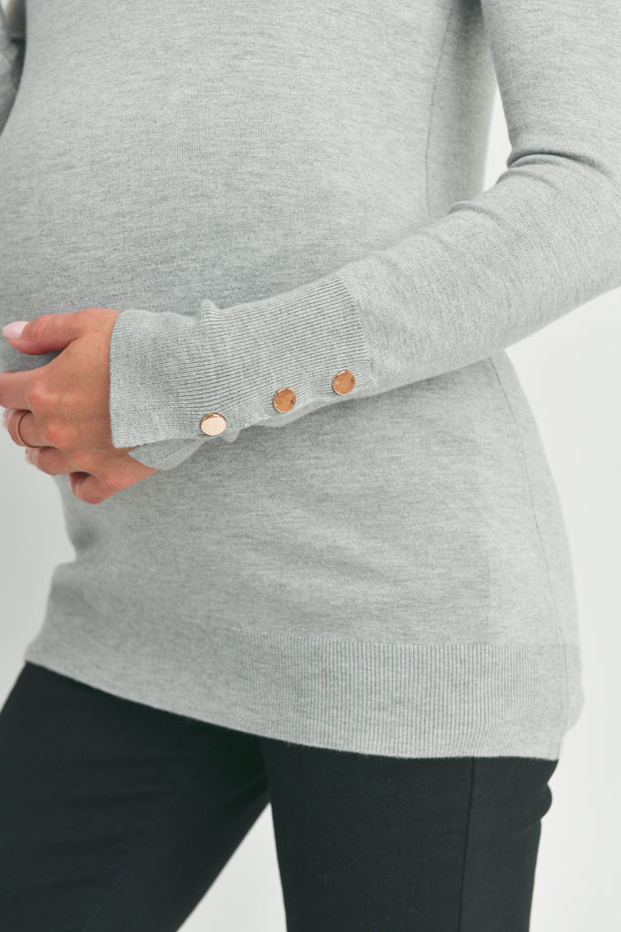 Heather Grey Solid Maternity Sweater Top with Sleeve Button Close Up Detail