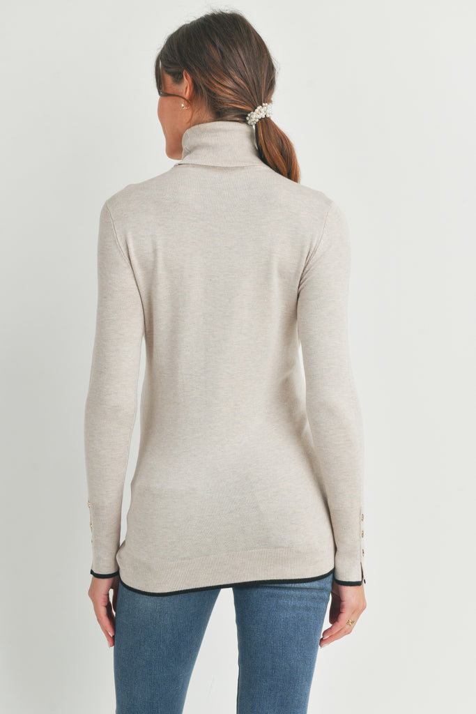 Camel Turtle Neck Maternity Sweater with Button-Sleeves Back