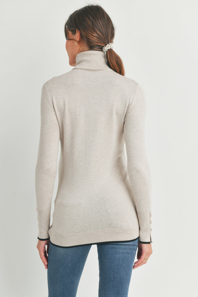 Camel Turtle Neck Maternity Sweater with Button-Sleeves Back