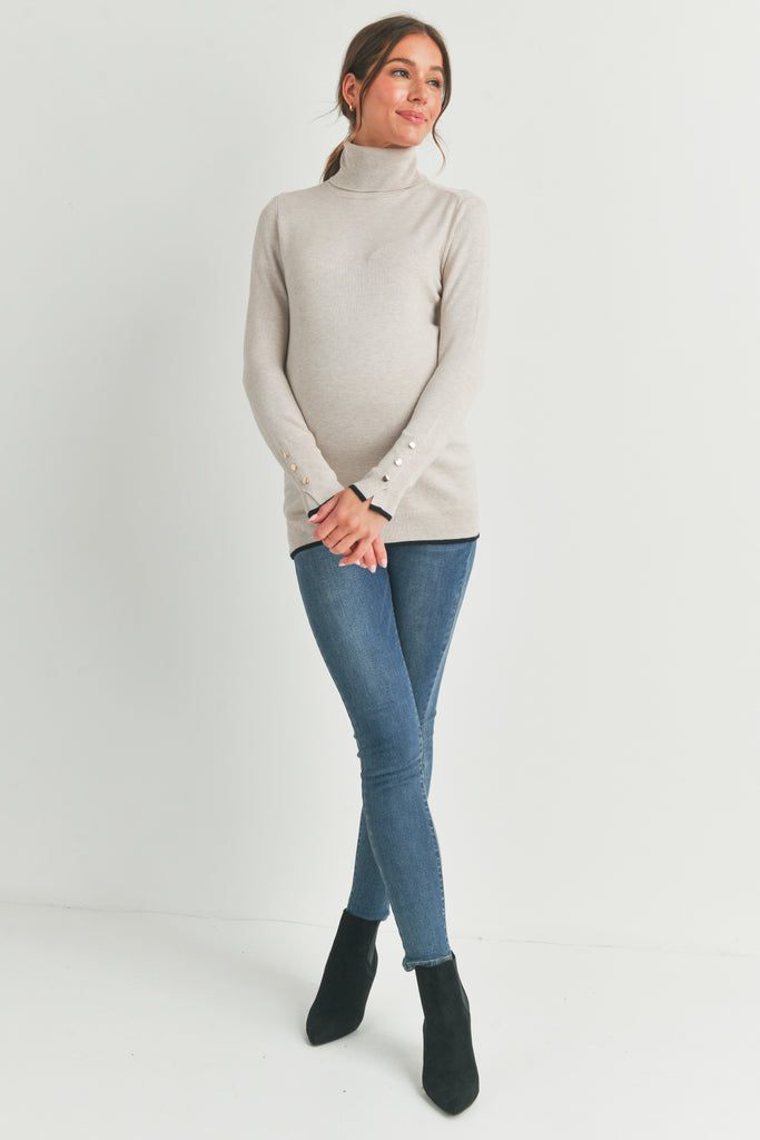 Camel Turtle Neck Maternity Sweater with Button-Sleeves Full Body