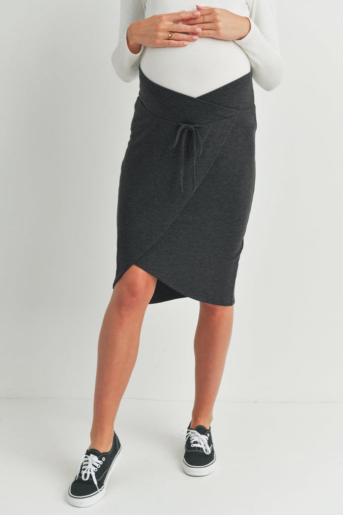 Charcoal Terry Back Smocked Maternity Skirt Front