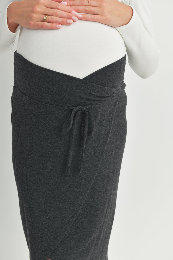 Charcoal Terry Back Smocked Maternity Skirt Front Detail