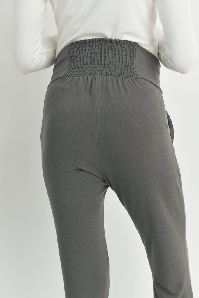 Grey Back Smocked Maternity Pants with Pockets Back Detail