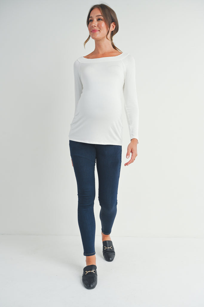 White Jersey Boat Neck Maternity Top Full Body