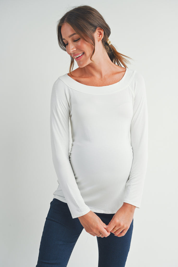 White Jersey Boat Neck Maternity Top Front