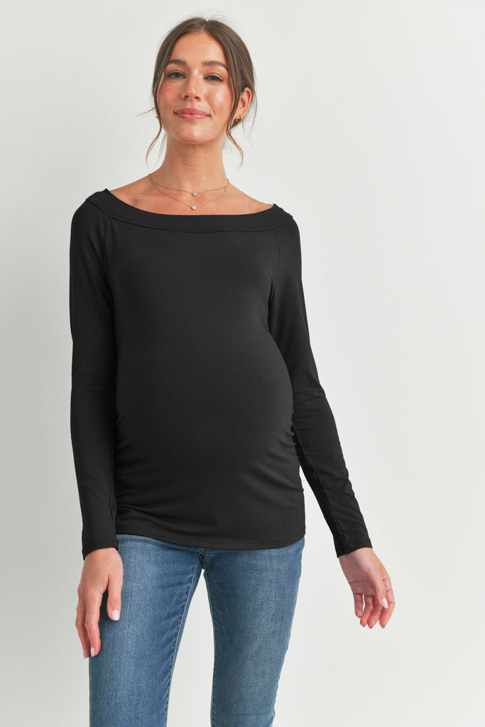 Black Jersey Boat Neck Maternity Top Front
