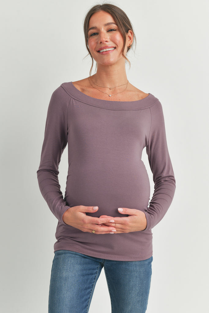 Dark Mauve Jersey Boat Neck Maternity Top Front
