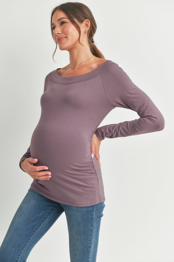 Dark Mauve Jersey Boat Neck Maternity Top Side