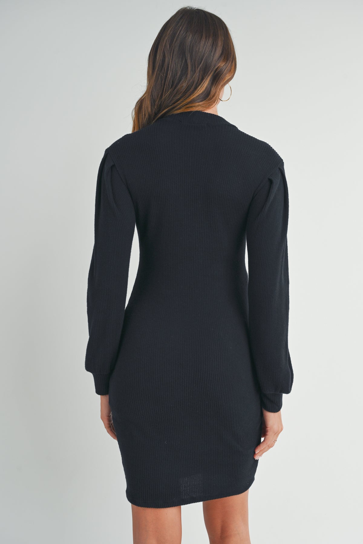 Black Puff Sleeve Ribbed Maternity Dress Back