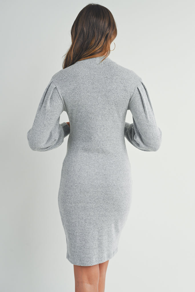 Heather Grey Puff Sleeve Ribbed Maternity Dress Back