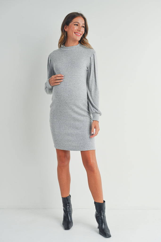 Heather Grey Puff Sleeve Ribbed Maternity Dress Full Body