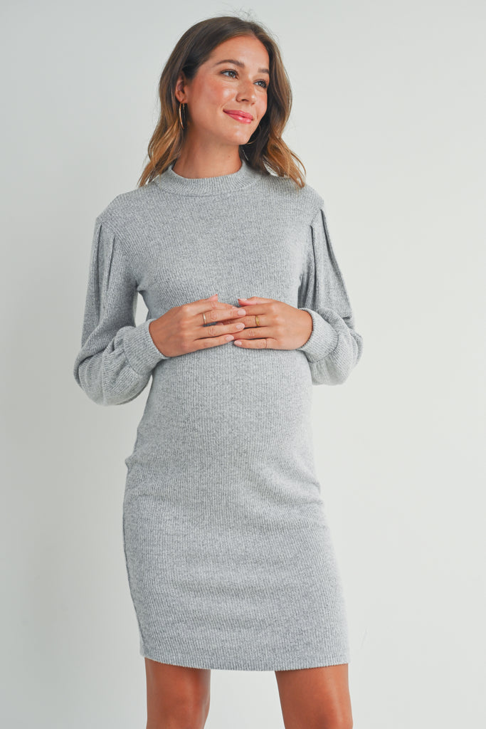 Heather Grey Puff Sleeve Ribbed Maternity Dress Front
