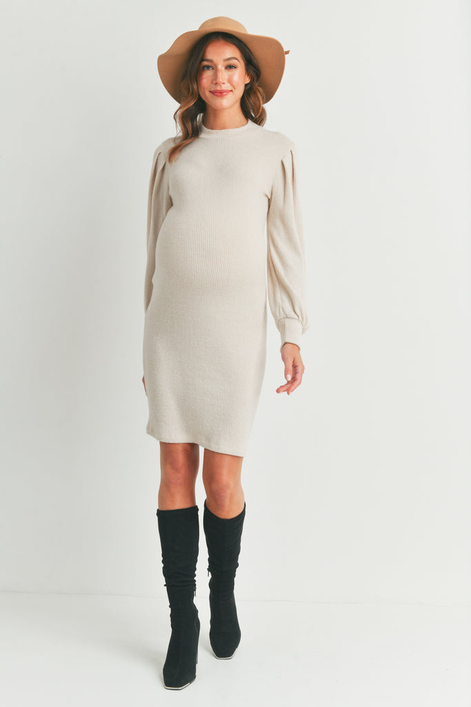 Cream Puff Sleeve Ribbed Maternity Dress Full Body