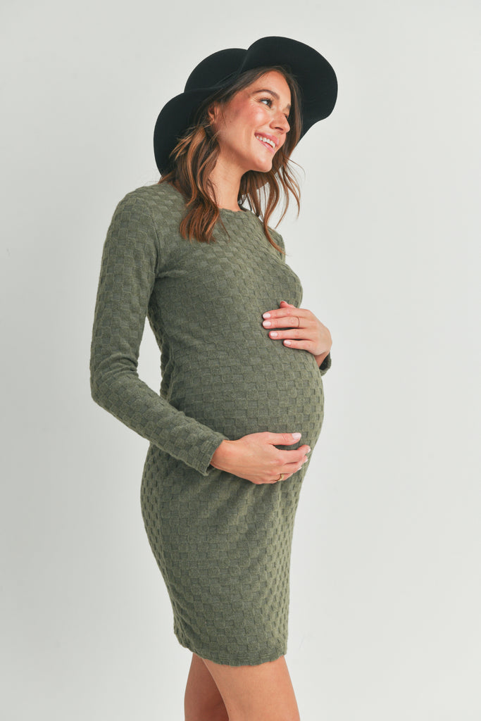 Green Knit Long Sleeve Maternity Midi Dress Side