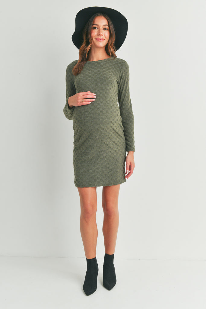 Green Knit Long Sleeve Maternity Midi Dress Full Body