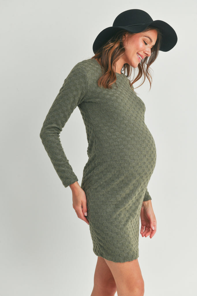 Green Knit Long Sleeve Maternity Midi Dress Side