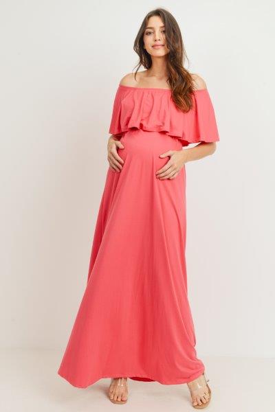Coral Ruffle Off Shoulder Solid Maternity Dress