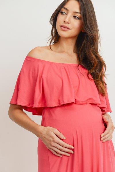 Coral Ruffle Off Shoulder Solid Maternity Dress