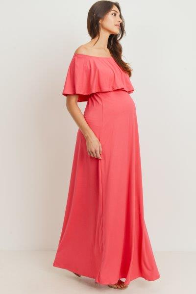 Coral Ruffle Off Shoulder Solid Maternity Dress