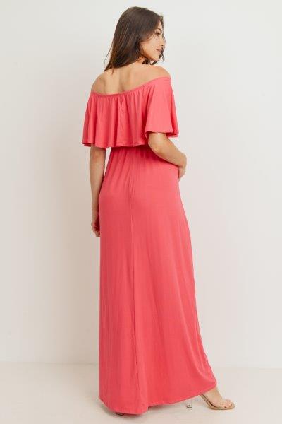 Coral Ruffle Off Shoulder Solid Maternity Dress