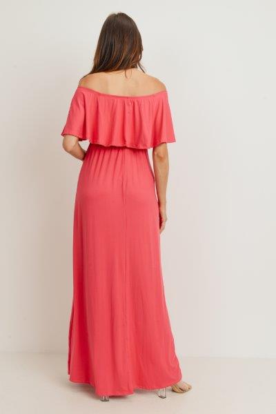 Coral Ruffle Off Shoulder Solid Maternity Dress