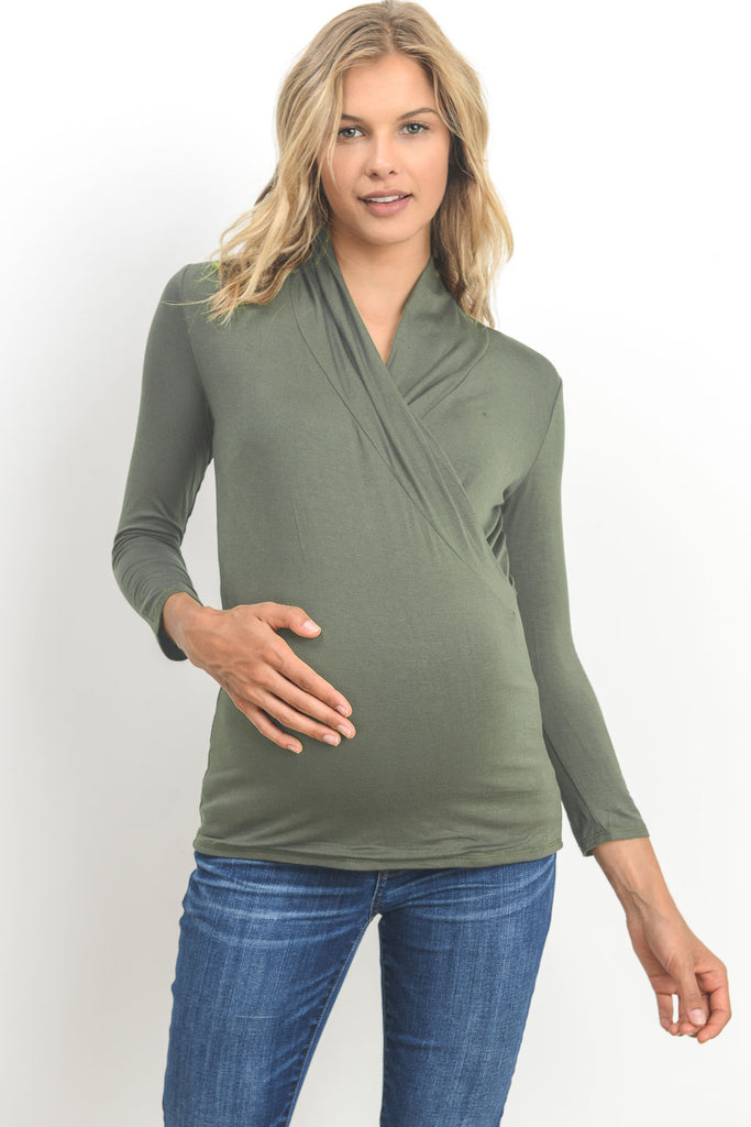 Olive Surplice Long Sleeve Maternity & Nursing Top