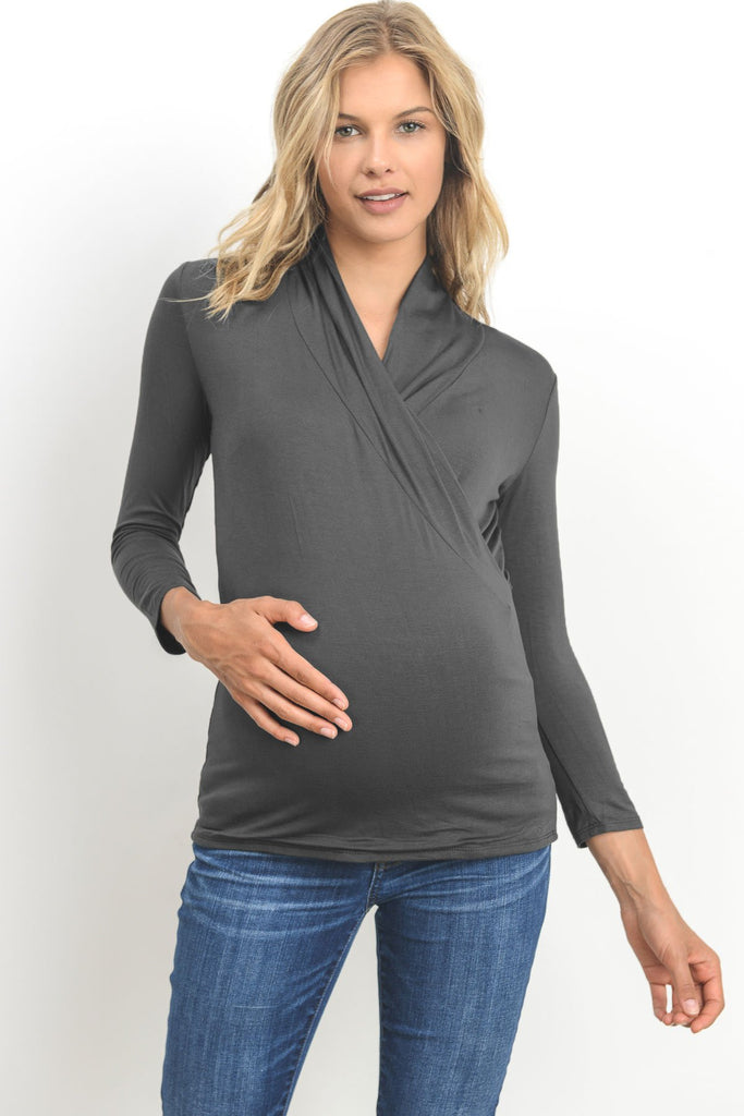 Dark Grey Surplice Long Sleeve Maternity & Nursing Top